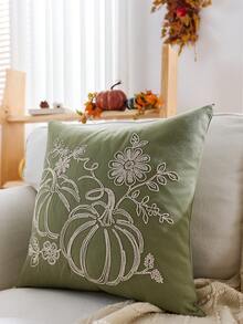 1 Stück Thanksgiving grüner Cut Out Kürbis bestickter Kissenbezug, 45 x 45 cm, geeignet für Inneneinrichtung, Erntedankfest dekorativer Kissenbezug, Kissenfüllung nicht enthalten