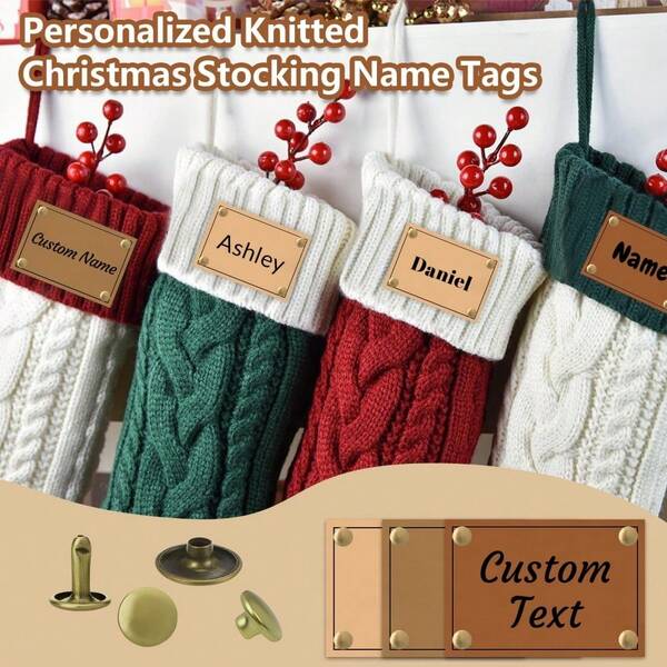 Personalized Christmas Stockings Leather Name Tag - Custom Tag For Knitting Crochet Faux Leather Labels With Rivets For Knitted Hats Scarves Gloves Labels For Crocheting Items