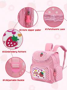 Mochila bordada con diseño de fresa, mochila rosa dulce con bordado de fresa, mochila escolar bordada con frutas y encaje para niña - Rosa - Ver 5