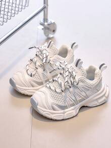 儿童运动鞋/儿童鞋/男童跑鞋/女童步行鞋，网眼和 PU 皮革鞋面，透气，适合春季、夏季、秋季、冬季、返校，新设计，轻便，防滑橡胶鞋底，钩环设计，易于穿脱，适合跑步、学校、户外、训练、所有季节，适合 3-14 岁 - 白色 - 查看 5