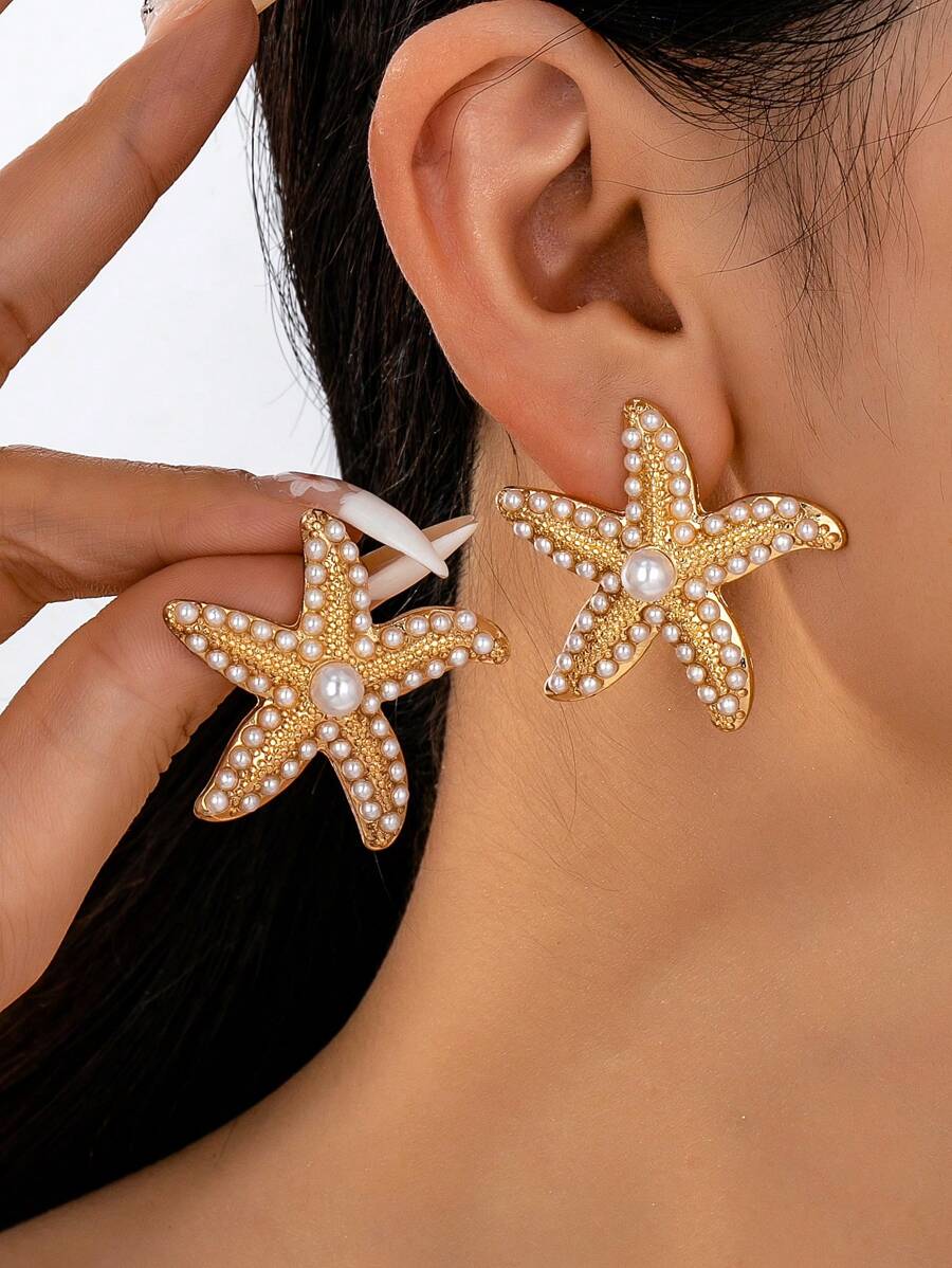 1 pereche elegantă cercei cu perle încrustate, accesorii la modă casual în stil oceanic pentru femei, potrivite pentru purtare zilnică și vacanță