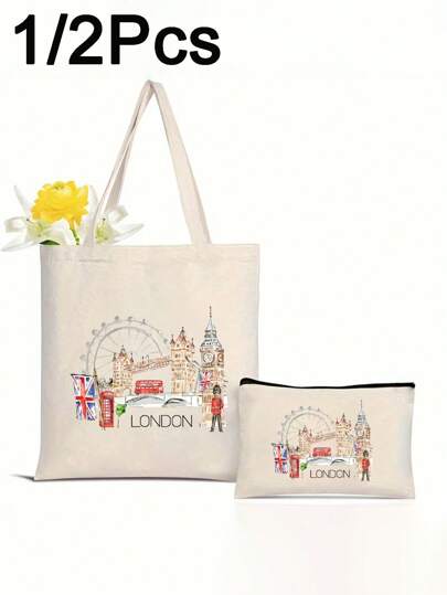 "I'd Rather Stay In London" Printed Tote Bag Set, Casual Zipper Cosmetic Bag, Women's Handbag, Reusable Shopping Bag, Foldable Large Capacity Casual Shopping Bag, Simple Bohemian Style Handbag, Suitable For Work, Travel, Shopping, Schoolbag, Large Capacity, Portable, Suitable For Girls, Female College Students, White-Collar Workers, Very Suitable For Work, Back To School, Junior High School, High School, University, Vacation , Bohemian Outfit For Women