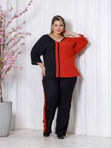 Maison Raglan Sleeve Blouse And Plus Size Summer Pants Set - Terracotta - View 1