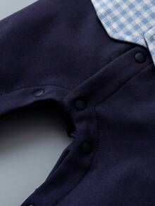 Baby Boy Plaid 2 In 1 Long Sleeve Gentleman Romper, Blue - Blue - View 7