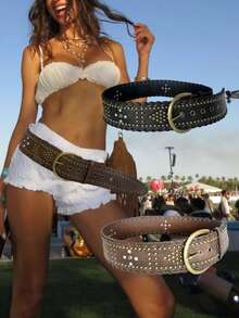 1 件几何图案波西米亚复古 PU 皮革铆钉水钻编织宽腰带，适合裤子、裙子、各种节日、音乐会、Y2K、朋克、复古、西部牛仔风格秋季、秋季、万圣节 - 彩色 - 查看 12