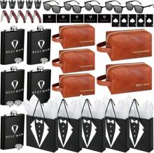 50Pcs Groomsmen Gifts Groomsmen Proposal Box With Flasks Sunglasses PU Leather Toiletry Bag Bottle Opener For Wedding Groomsman Best Man Gift (Brown),10591600