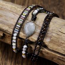 Braccialetto bohémien da donna, fatto a mano e unico nel suo genere, a 3 giri, con pietre naturali pregiate, perle di labradorite scintillanti, stile regolabile - perfetto per l'uso quotidiano, come regalo, accessorio per tutte le stagioni