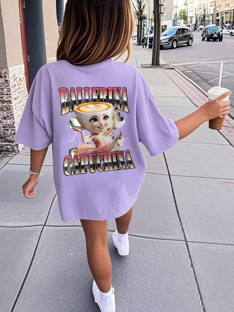 少女休闲紫色印花圆领短袖T恤，夏季上衣 - 紫色 - 查看 1