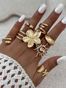 8 Buah/Set Cincin Vegan Halus Bergaya Vintage Cincin Fashion Bintang Laut Bohemian Cincin yang Dipersonalisasi - Emas - View 3