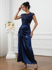 Đầm nữ thanh lịch ren đính sequin, hở lưng, xẻ tà, thích hợp cho Giáng sinh, Năm mới, các ngày lễ, sinh nhật, họp mặt, tiệc tùng, dạ hội, tiệc tối trang trọng, tiệc cocktail, đám cưới, hẹn hò. - Màu xanh hải quân - Xem 6