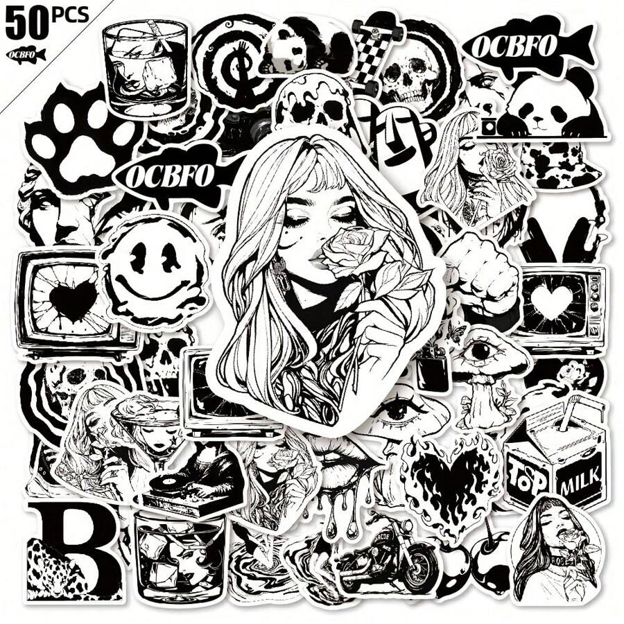 50pcs Vintage Black & White Stickers - Unique Graffiti-Style Designs For Phones, Laptops, Suitcases & Tablets - Durable PVC Material, Reusable Decals With Skulls, Hearts, Joyful Faces & More, Journaling Accessories | Graffitistyle Stickers | Durable PVC Stickers, Cute Stickers - 50pcs - 查看 1