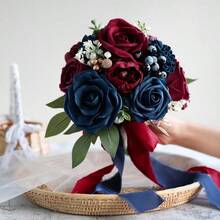 Dusty Blue Wedding Bouquets For Bride Bridesmaid, White Wedding Artificial Roses Flowers For Wedding Bouquets Ceremony, Anniversary - Burgundy & Navy Blue - View 7