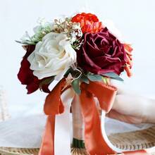 Dusty Blue Wedding Bouquets For Bride Bridesmaid, White Wedding Artificial Roses Flowers For Wedding Bouquets Ceremony, Anniversary - Burnt Orange & Burgundy & Cream - View 7