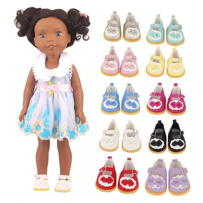 MSYO 1 par 14-tums amerikanska dockskor, söta dockplyschskor med kardborreband och rosett i läder, moderiktiga och mångsidiga prinsessskor, docktillbehör, födelsedags-/helgdags-/Halloweenpresent till små flickor