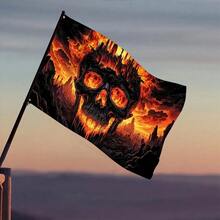 1pc 3x5 Ft Halloween Banner Flag - Burning Skull With Glowing Eyes, Indoor/Outdoor Spooky Decor, Gothic Style For Haunted House Party - Durable Polyester Flame Banner, No Power Needed, Easy Hanging Hooks, Terrifying Design, Sturdy Construction, Party Prop, Halloween Decoration