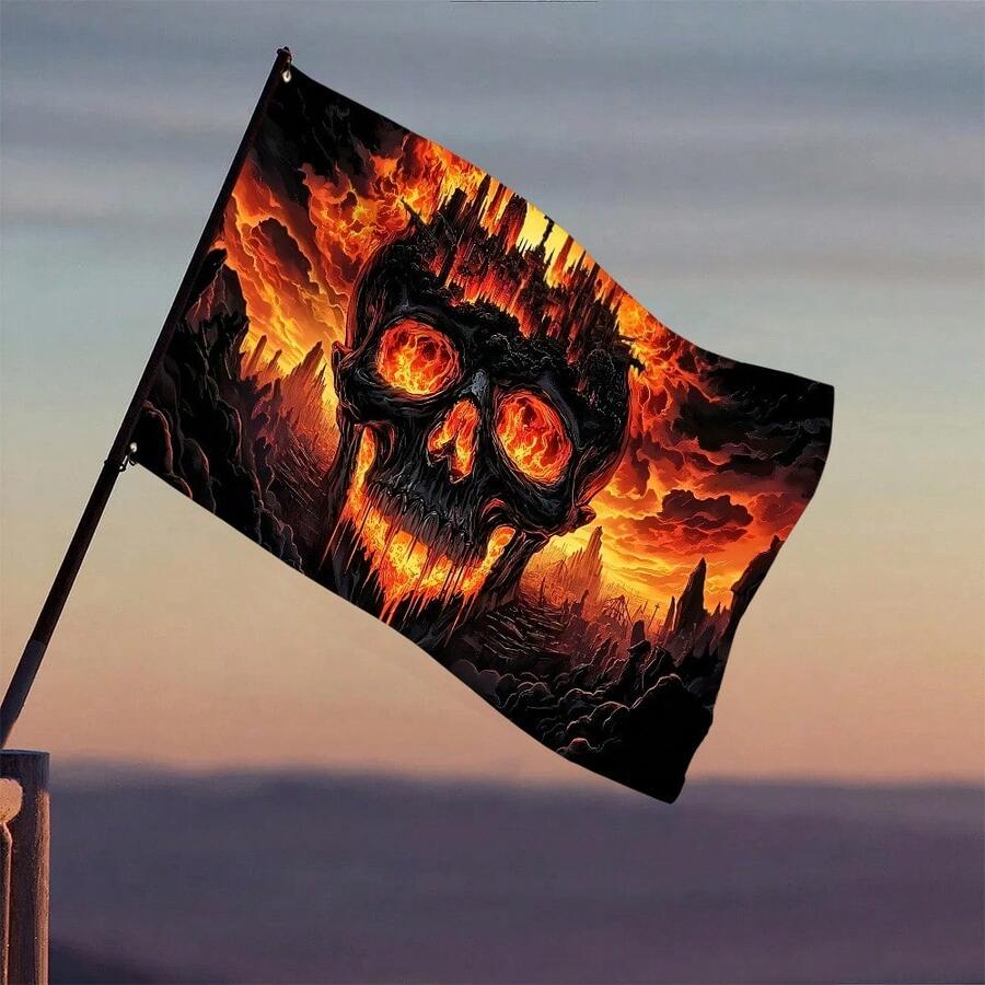 1pc 3x5 Ft Halloween Banner Flag - Burning Skull With Glowing Eyes, Indoor/Outdoor Spooky Decor, Gothic Style For Haunted House Party - Durable Polyester Flame Banner, No Power Needed, Easy Hanging Hooks, Terrifying Design, Sturdy Construction, Party Prop, Halloween Decoration