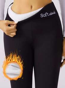 1 Piece Winter Women's Sports Leggings, Women's Thickened Fleece Warm Leggings Fashion Logo Embroidered Leggings, Suitable For Skiing, Outdoor Leisure, Sports, Very Good Women's Pants In Winter