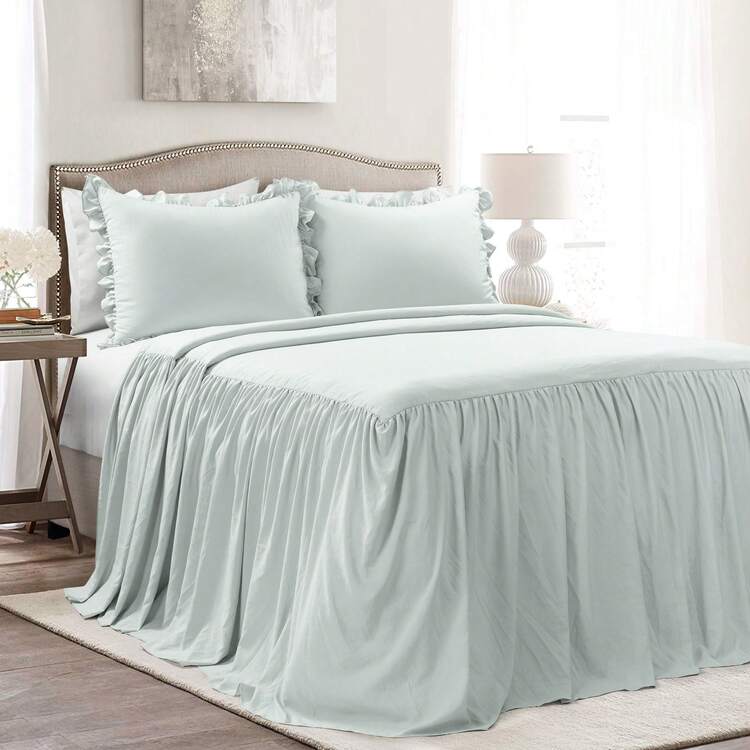 Lush Decor Ruffle Skirt Bedspread 3 Piece Set, Queen, Navy - Blue Queen Bedding - Ruffled Bedspread - Vintage Farmhouse Decor Halloween-Fall Decor-Room Decor - 海鹽 - 查看 1