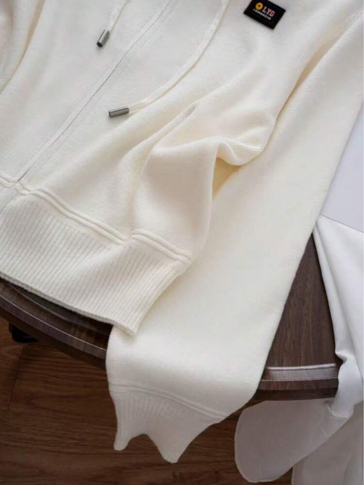 Letter Embroidery Solid Color Drawstring Hooded Knit Cardigan - Apricot - View 4