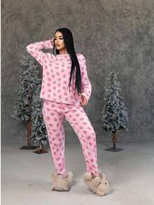 PIJAMA AFELPADA PARA DAMA CONJUNTO DE 2 PIEZAS PANTALON Y PLAYERA DE MANGA LARGA - Rosa - Ver 1