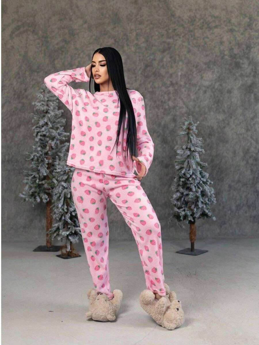 PIJAMA AFELPADA PARA DAMA CONJUNTO DE 2 PIEZAS PANTALON Y PLAYERA DE MANGA LARGA - Rosa - Ver 1