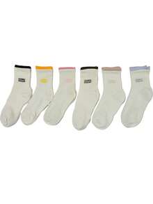 3 paires (non brodées) de chaussettes blanches mode polyvalentes de couleur aléatoire, chaussettes mi-mollet pour femmes, automne/hiver, design avec lettres, chaussettes de sport absorbantes, chaussettes sans couture, chaussettes avec lettres, chaussettes d'automne - Multicolore - Voir 6