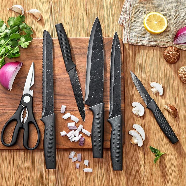 Knife Set, Yabano No Rust Kitchen Knives With PE Universal Knife Block 7 Pieces, High Grade Small Knife Block Set With Black Coating, Dishwasher Safe - Black and White - View 8