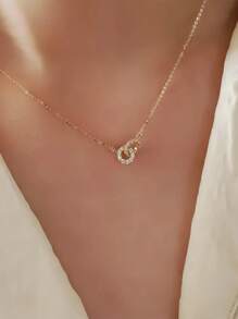 S925 纯银镀金双环项链，镶嵌 CZ 宝石，轻巧简约链条，适合学院风和旅行照片，适合送给少女的礼物