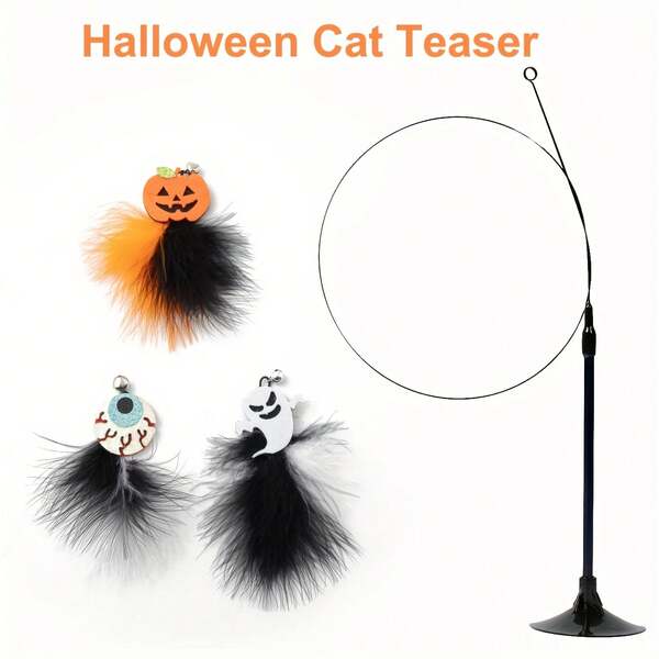 Bacchetta giocattolo interattiva per gatti con design di zucche e fantasmi di Ognissanti, con campanelli, piume e ventose sostituibili, durevole e resistente alla masticatura
