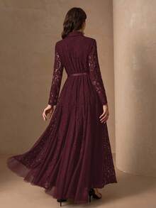 Elegant Women's Rhinestone Collar A-Line Mesh Patchwork Bodycon Dress Spring - Burgundy - View 2