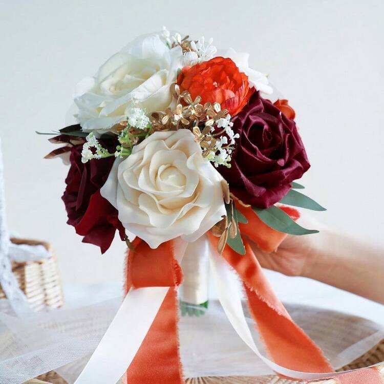 Dusty Blue Wedding Bouquets For Bride Bridesmaid, White Wedding Artificial Roses Flowers For Wedding Bouquets Ceremony, Anniversary - Burnt Orange & Burgundy & Cream - View 6