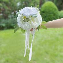 Dusty Blue Wedding Bouquets For Bride Bridesmaid, White Wedding Artificial Roses Flowers For Wedding Bouquets Ceremony, Anniversary - White & Ivory - View 6