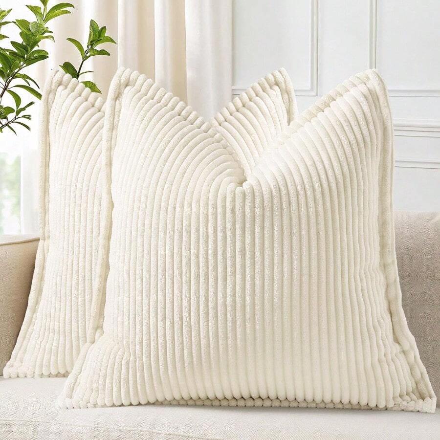 Velvet Decorative Throw Pillows Embroidered Decorative Throw Pillows Outdoor Decorative Throw PillowCorduroy Cream White Throw Pillow Covers 18x18 Set Of 2 Decorative Soft Striped Neutral Farmhouse Couch Pillow Covers With Broadside For Living Room Bed SofaBohemian Decorative Throw Pillows Customized Decorative Throw Pillows - Kem trắng - Xem 1