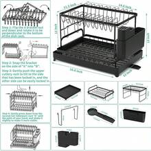 2 Tier Dish Drying Rack Anti Rust, Multifunctional, Space Saving, Easy Clean Design With Drainboard And Drip Line Perfect For Kitchen And Apartment Countertop Organization, Storage, And Accessories - Black - View 9