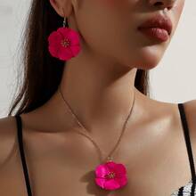 1 Set Asymmetrical Multi-Layer Metal Flower Pendant Necklace & Earrings, For Women - Hot Pink - View 1