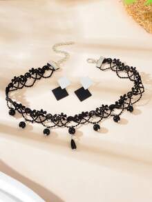三件套时尚首饰套装：黑色镂空蕾丝颈链和黑白方形耳钉 - 黑與白 - 查看 2
