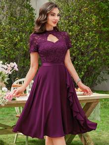 MIUSOL Floral Lace High Neck Side Ruffle Chiffon Cocktail Party Swing Dress - Maroon - View 6