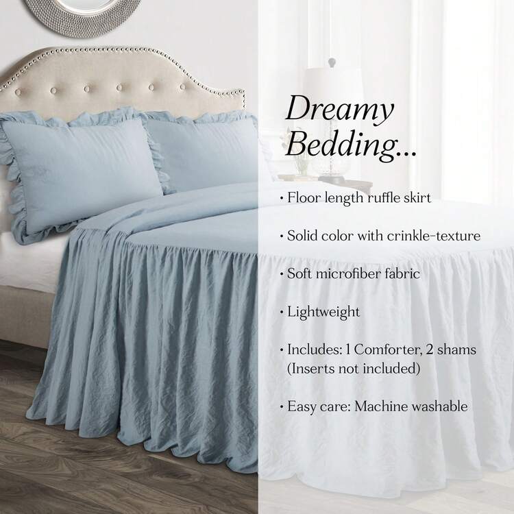Lush Decor Ruffle Skirt Bedspread 3 Piece Set, Queen, Navy - Blue Queen Bedding - Ruffled Bedspread - Vintage Farmhouse Decor Halloween-Fall Decor-Room Decor - Lake Blue - View 1