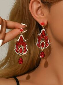 2 件欧美时尚水晶吊坠耳环，女士长款闪亮奢华方晶锆石耳环，新娘婚礼耳环