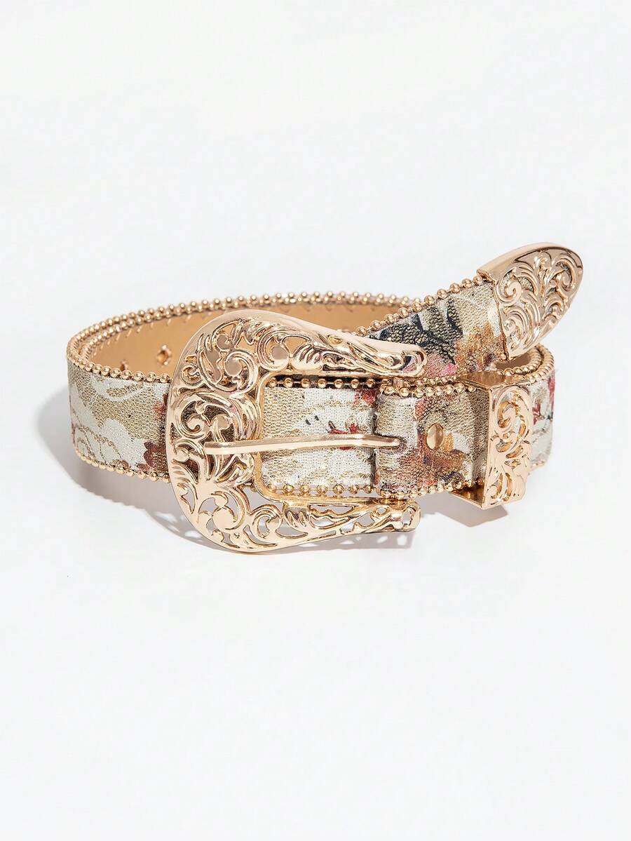 1pc Women's Palace Style Hollow Metal Buckle Light Color Floral Print Waist Belt Fall, Autumn, Halloween - Light Colored Flower Print - View 1