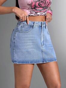 Jeanoix Women Summer Casual Slim Fit Washed Denim Mini Skirt - Medium Wash - View 1