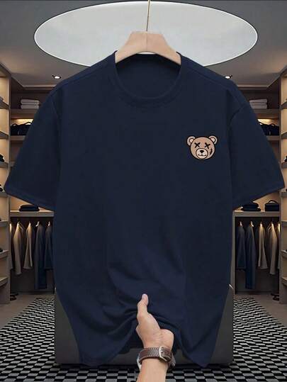 Manfinity Dauomo Camiseta de manga corta y cuello redondo casual para hombre con estampado de oso