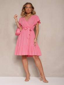 Viscose Dress With Wrap Neckline And Belt - Pink - View 2