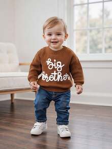 Toddler Boys Knitted Jumper Big Bro Letter Embroidery Round Neck Pullover Sweater Baby Warm Knit Tops Pullover Knitwear - 棕色栗黃 - 查看 5
