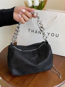Shiny Rhinestone Hollow Metal Chain Decor Zipper Closure Women's Shoulder Bag