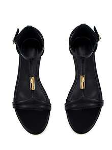 Sandal nữ đế bằng kiểu dáng thanh lịch với khóa kim loại vàng, chất liệu da PU màu đen, mũi tròn, quai ngang mắt cá chân, thích hợp cho mùa xuân hè. - màu đen - Xem 3