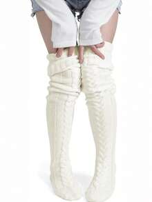 一双女士过膝长袜，过膝针织靴袜套装，保暖时尚的冬季保暖腿部装备，纯色过膝针织条纹扭纹图案袜，圣诞服装，保暖配饰，Y2K风格，舒适 - 彩色 - 查看 10