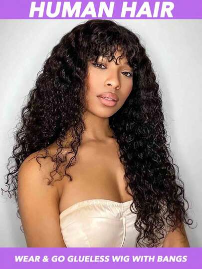 Glueless Water Wave Human Hair Wig With Bangs 100% Unprocessed Brazilian Virgin Hair Full Machine Made None Lace Front Wigs For Women Curly Wave Wig With Bangs 150% Density