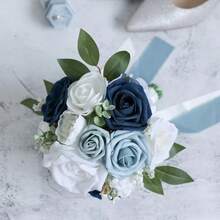 Dusty Blue Wedding Bouquets For Bride Bridesmaid, White Wedding Artificial Roses Flowers For Wedding Bouquets Ceremony, Anniversary - Dusty Blue - View 2