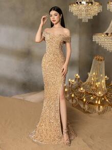 Alisa&Leo 惊艳青春亮片晚礼服，露肩领口，高开叉，美人鱼拖尾 - 优雅正装，适合红毯活动、慈善舞会、晚宴、舞会和歌剧晚会 - 香檳色 - 查看 4